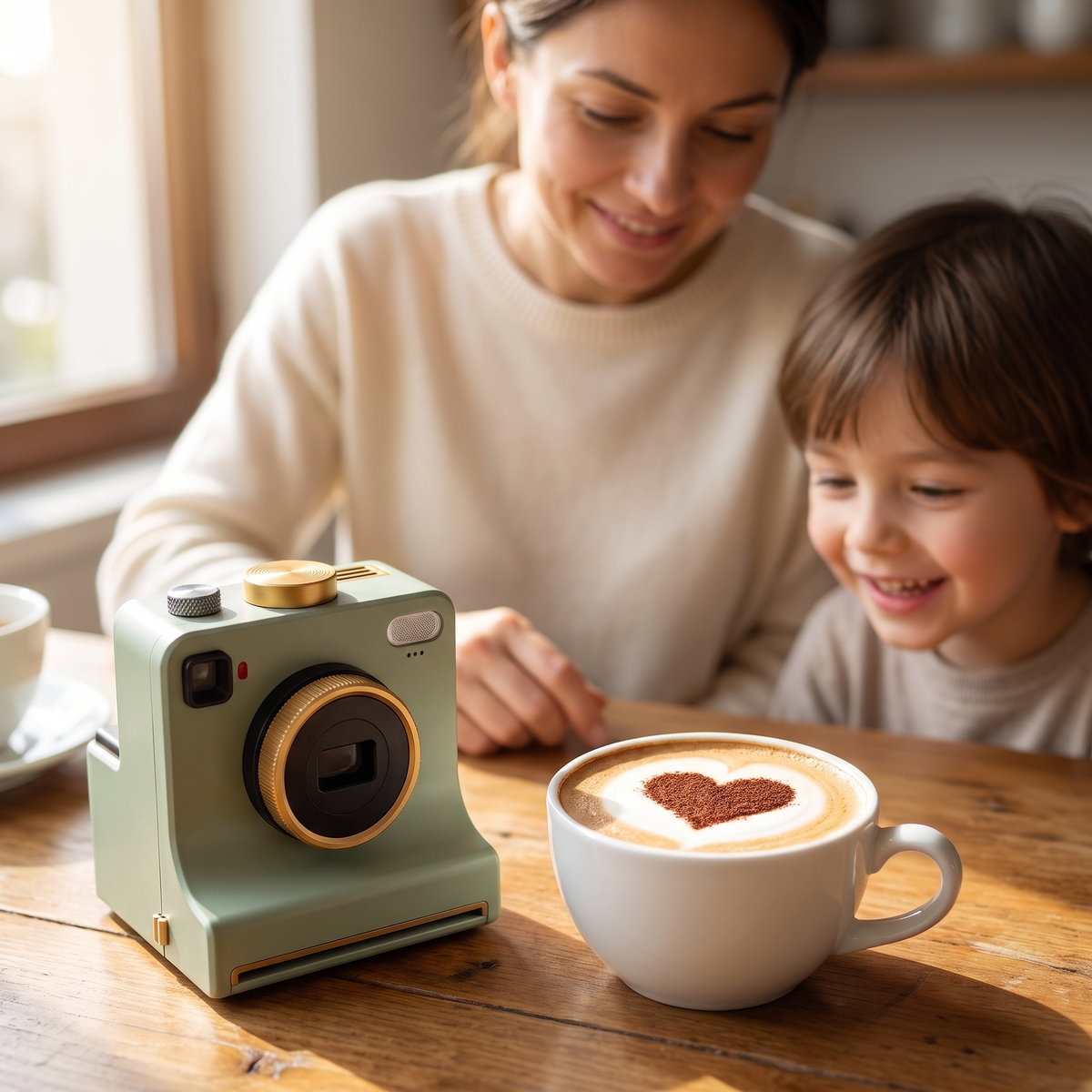 Fotoccino neben Cappuccino mit Herz aus Kakao